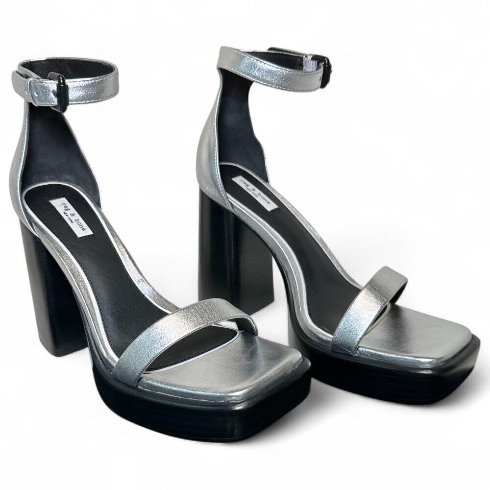 Rag & Bone Women's Silver Leather Matrix Platform Sandal, US 8, EU 38, NIB